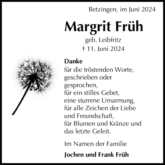 Anzeige von Margrit Früh von Reutlinger General-Anzeiger