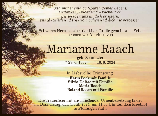 Anzeige von Marianne Raach von Reutlinger General-Anzeiger