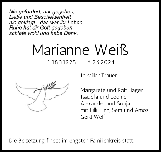 Anzeige von Marianne Weiß von Reutlinger General-Anzeiger