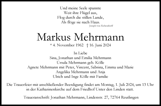 Anzeige von Markus Mehrmann von Reutlinger General-Anzeiger