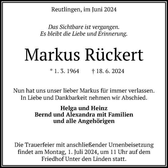 Anzeige von Markus Rückert von Reutlinger General-Anzeiger