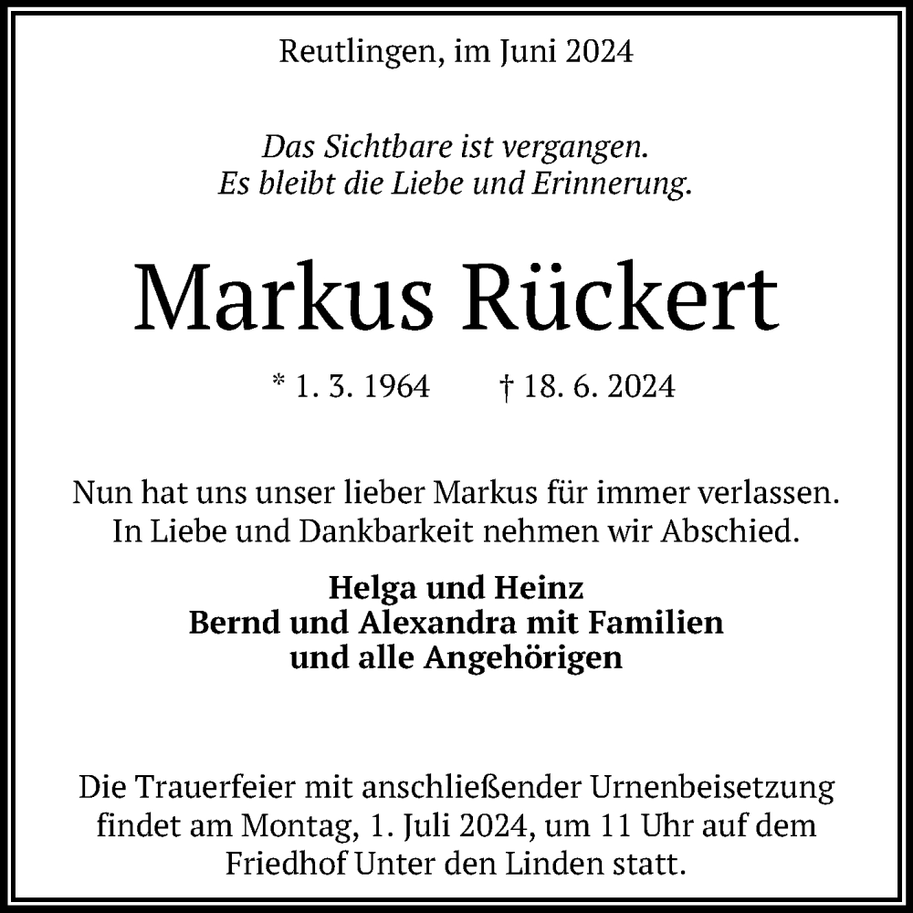  Traueranzeige für Markus Rückert vom 27.06.2024 aus Reutlinger General-Anzeiger