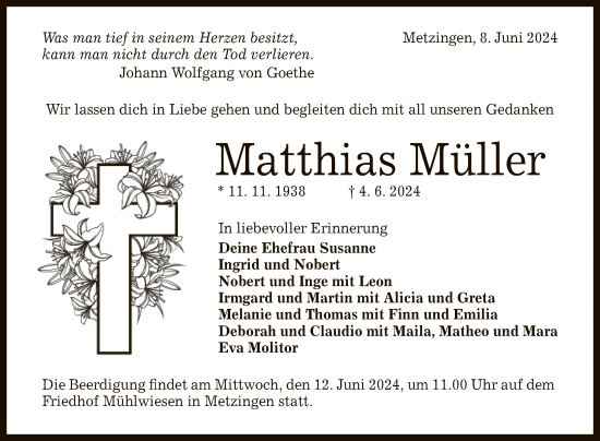 Anzeige von Matthias Müller von Reutlinger General-Anzeiger