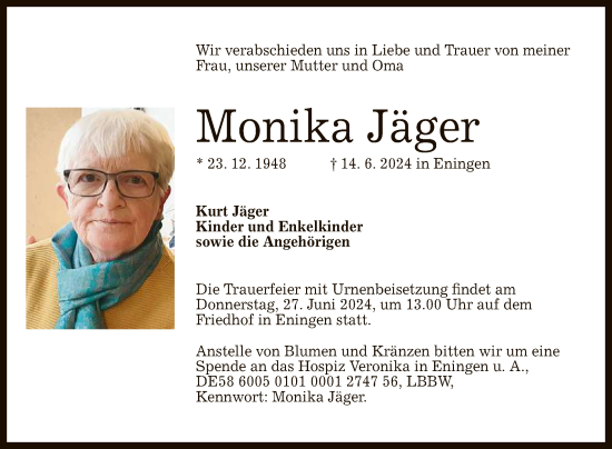Anzeige von Monika Jäger von Reutlinger General-Anzeiger