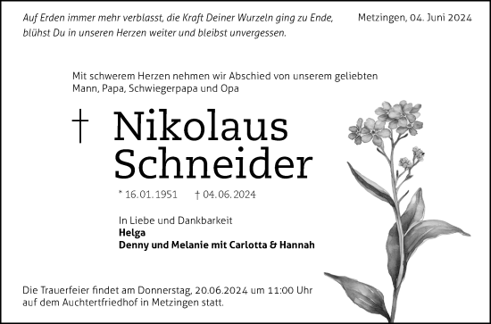 Anzeige von Nikolaus Schneider von Reutlinger General-Anzeiger