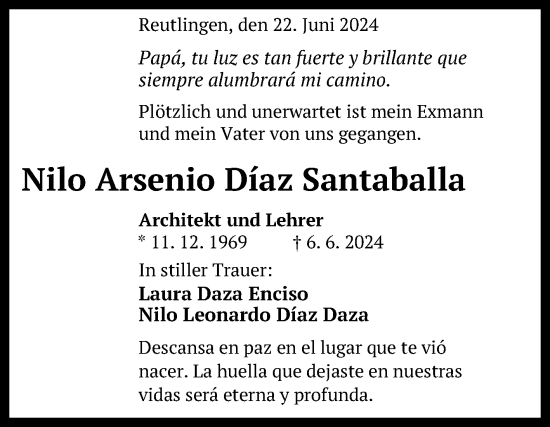 Anzeige von Nilo Arsenio Diaz Santaballa von Reutlinger General-Anzeiger