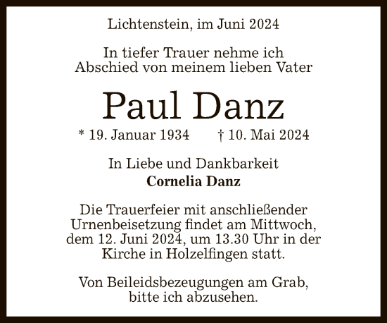 Anzeige von Paul Danz von Reutlinger General-Anzeiger