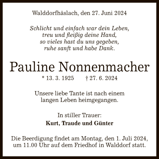 Anzeige von Pauline Nonnenmacher von Reutlinger General-Anzeiger