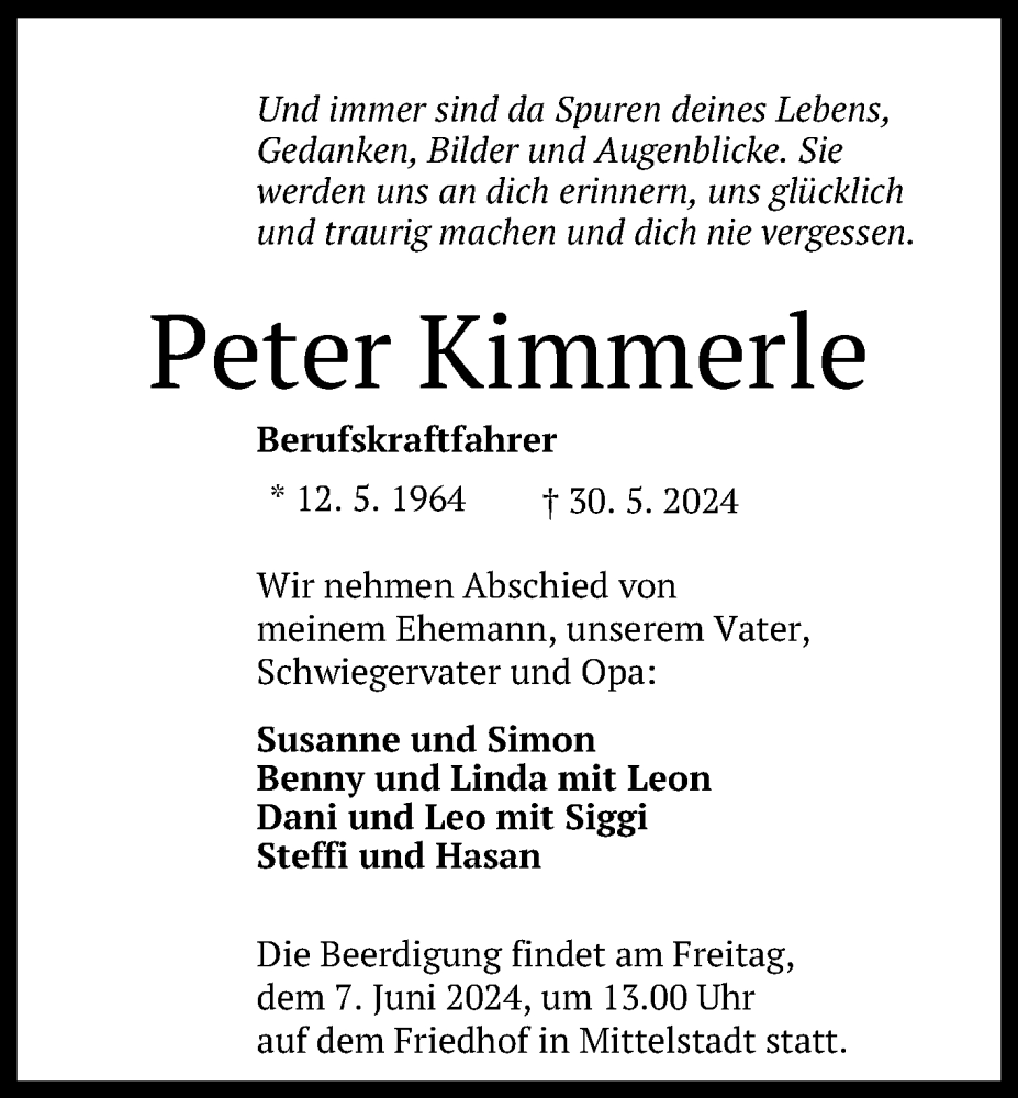  Traueranzeige für Peter Kimmerle vom 05.06.2024 aus Reutlinger General-Anzeiger