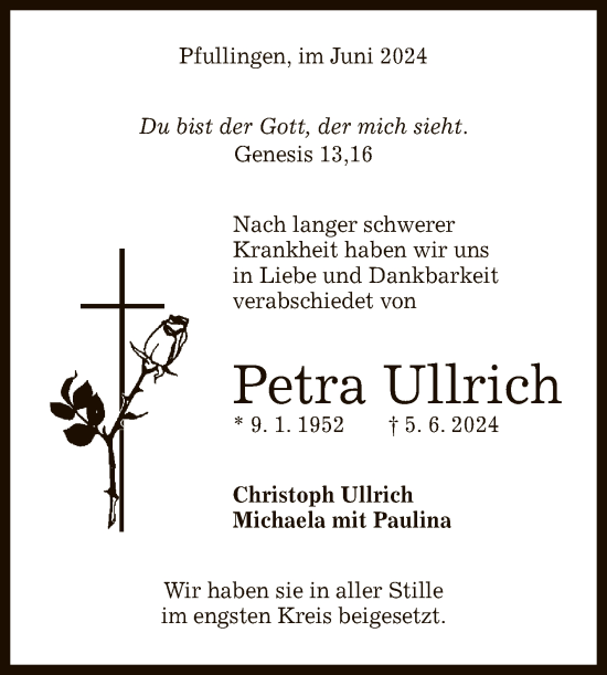 Anzeige von Petra Ullrich von Reutlinger General-Anzeiger
