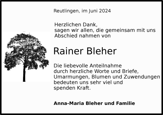 Anzeige von Rainer Bleher von Reutlinger General-Anzeiger