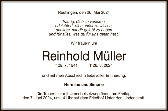Anzeige von Reinhold Müller von Reutlinger General-Anzeiger