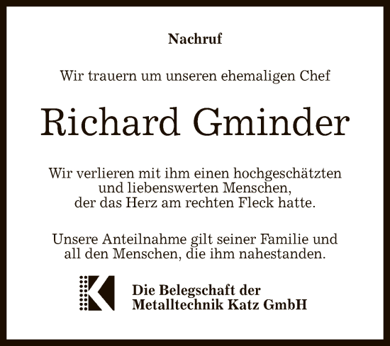 Anzeige von Richard Gminder von Reutlinger General-Anzeiger