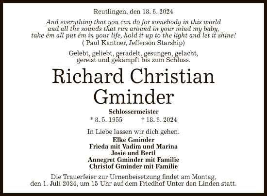 Anzeige von Richard Christian Gminder von Reutlinger General-Anzeiger