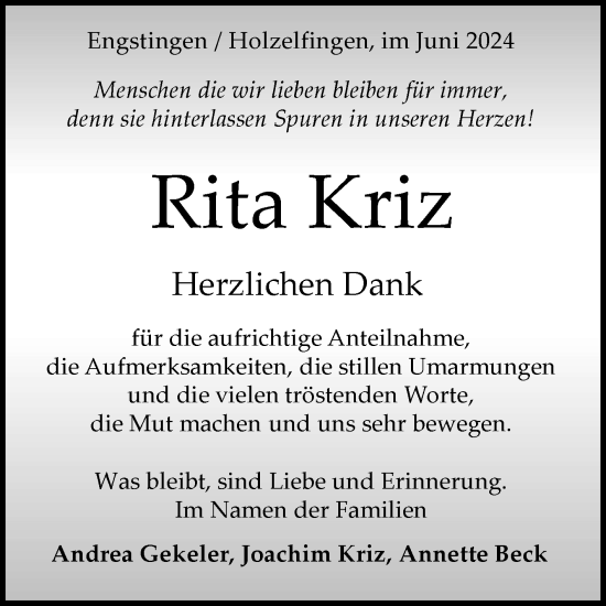 Anzeige von Rita Kriz von Reutlinger General-Anzeiger