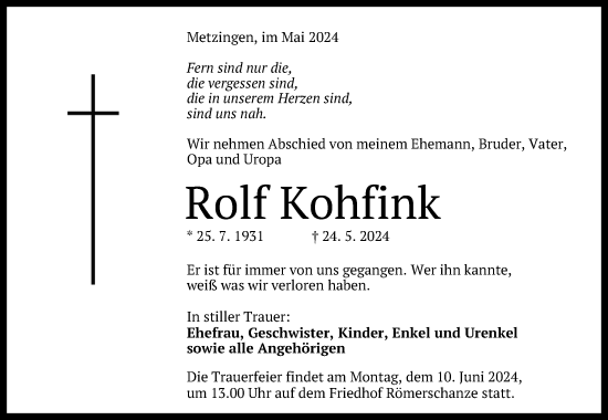 Anzeige von Rolf Kohfink von Reutlinger General-Anzeiger