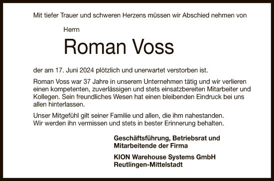 Anzeige von Roman Voss von Reutlinger General-Anzeiger