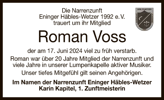 Anzeige von Roman Voss von Reutlinger General-Anzeiger