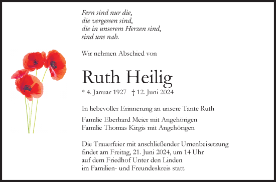 Anzeige von Ruth Heilig von Reutlinger General-Anzeiger
