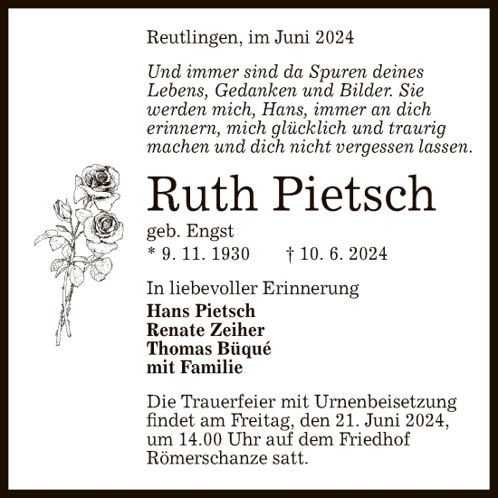 Anzeige von Ruth Pietsch von Reutlinger General-Anzeiger