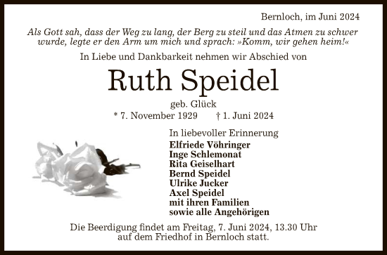 Anzeige von Ruth Speidel von Reutlinger General-Anzeiger