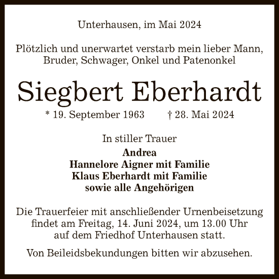 Anzeige von Siegbert Eberhardt von Reutlinger General-Anzeiger