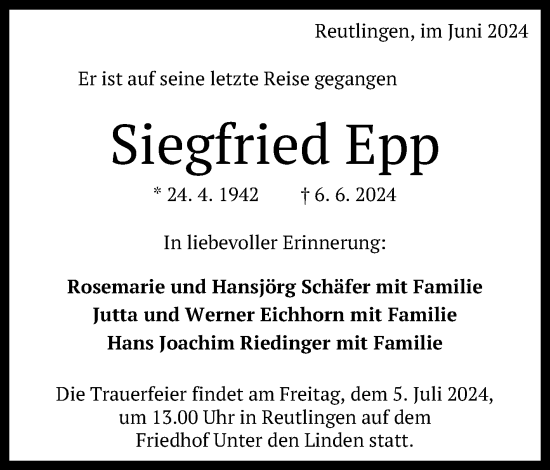 Anzeige von Siegfried Epp von Reutlinger General-Anzeiger