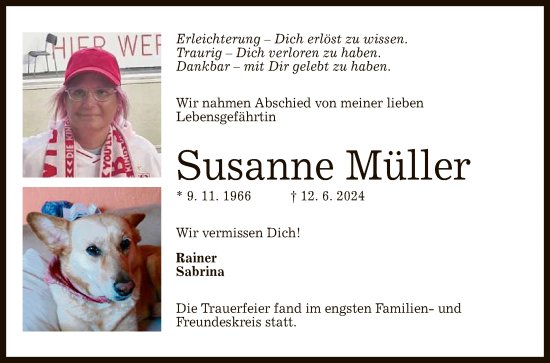Anzeige von Susanne Müller von Reutlinger General-Anzeiger