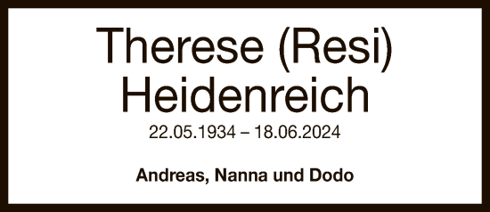 Anzeige von Therese Heidenreich von Reutlinger General-Anzeiger