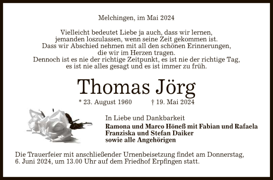 Anzeige von Thomas Jörg von Reutlinger General-Anzeiger