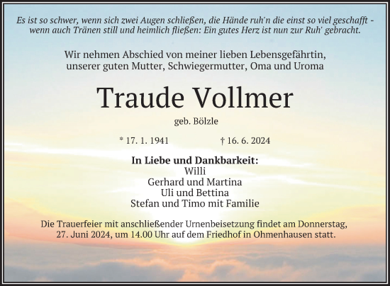 Anzeige von Traude Vollmer von Reutlinger General-Anzeiger
