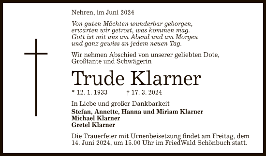 Anzeige von Trude Klarner von Reutlinger General-Anzeiger