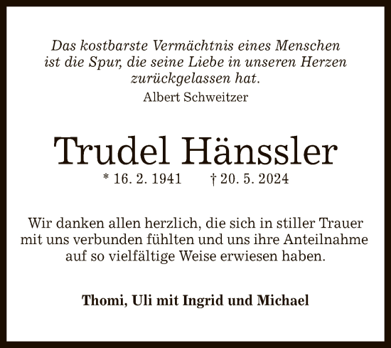 Anzeige von Trudel Hänssler von Reutlinger General-Anzeiger