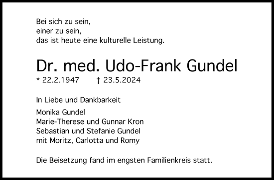 Anzeige von Udo-Frank Gundel von Reutlinger General-Anzeiger