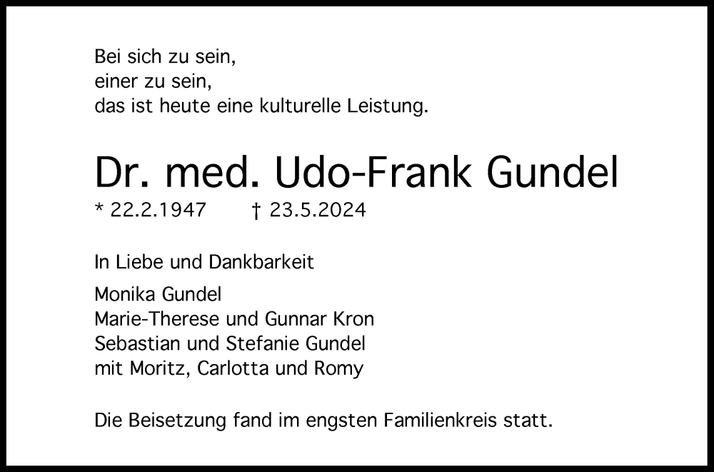  Traueranzeige für Udo-Frank Gundel vom 12.06.2024 aus Reutlinger General-Anzeiger