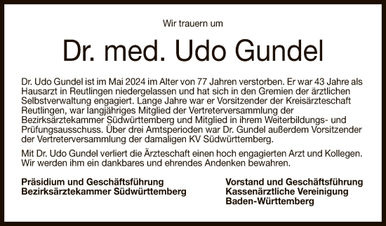 Anzeige von Udo Gundel von Reutlinger General-Anzeiger