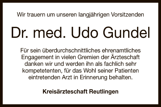 Anzeige von Udo Gundel von Reutlinger General-Anzeiger