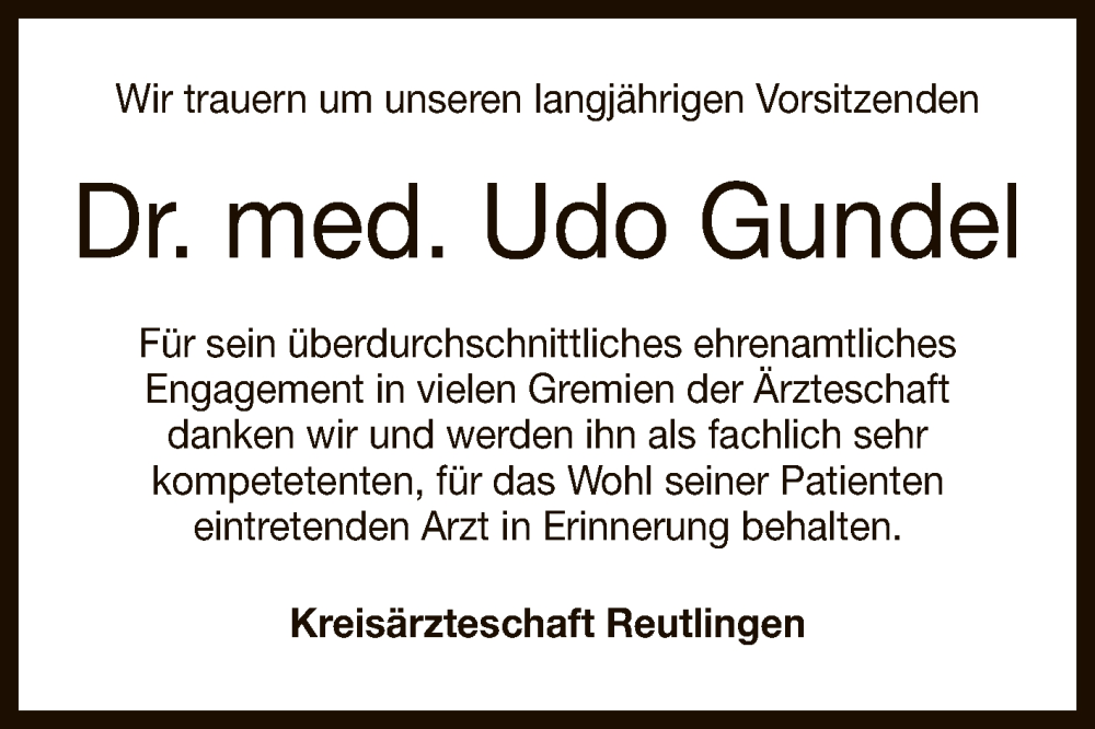  Traueranzeige für Udo Gundel vom 08.06.2024 aus Reutlinger General-Anzeiger