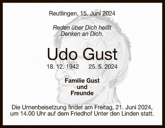 Anzeige von Udo Gust von Reutlinger General-Anzeiger