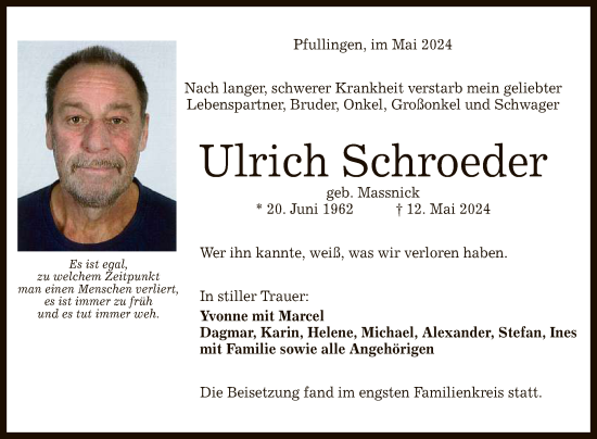 Anzeige von Ulrich Schroeder von Reutlinger General-Anzeiger