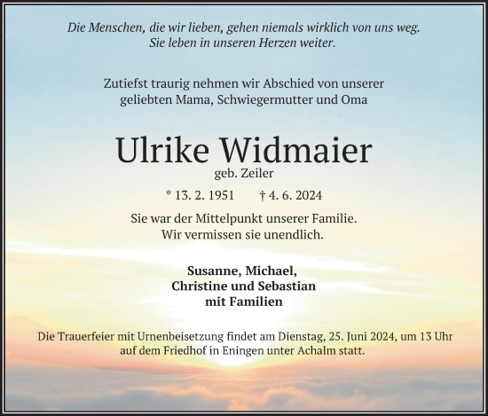 Anzeige von Ulrike Widmaier von Reutlinger General-Anzeiger