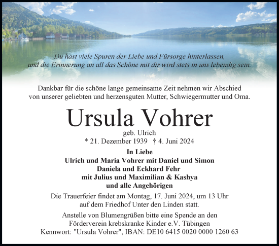 Anzeige von Ursula Vohrer von Reutlinger General-Anzeiger