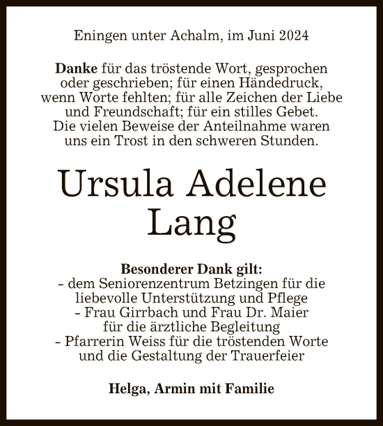 Anzeige von Ursula Adelene Lang von Reutlinger General-Anzeiger