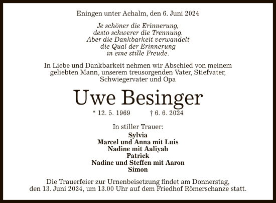 Anzeige von Uwe Besinger von Reutlinger General-Anzeiger