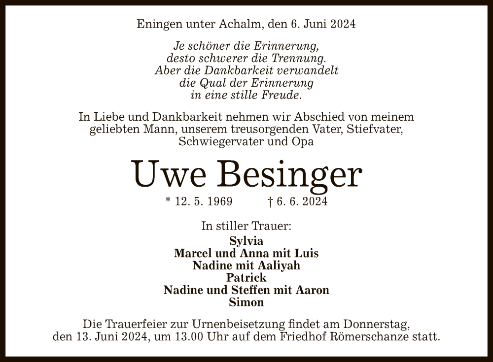  Traueranzeige für Uwe Besinger vom 11.06.2024 aus Reutlinger General-Anzeiger