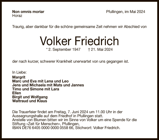 Anzeige von Volker Friedrich von Reutlinger General-Anzeiger