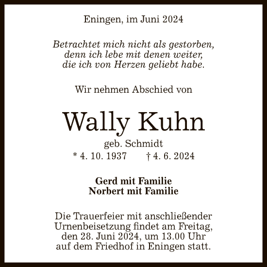 Anzeige von Wally Kuhn von Reutlinger General-Anzeiger