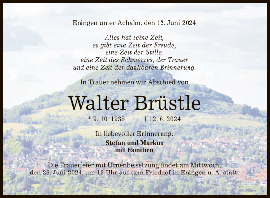 Anzeige von Walter Brüstle von Reutlinger General-Anzeiger