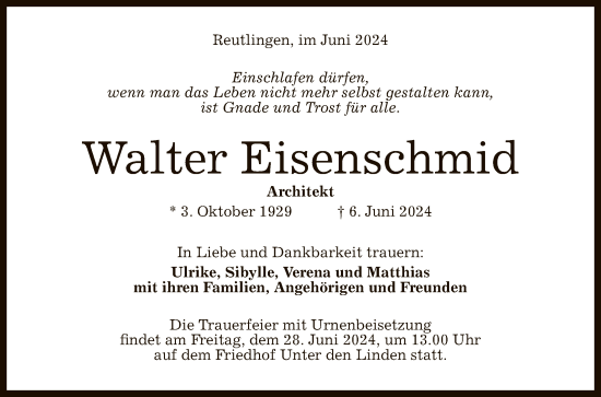 Anzeige von Walter Eisenschmid von Reutlinger General-Anzeiger