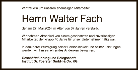 Anzeige von Walter Fach von Reutlinger General-Anzeiger
